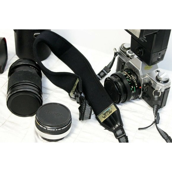 Vtg Canon AE-1 35mm Film Camera Flash Tele Converter 50mm 80mm Lens All Works - Picture 4 of 9